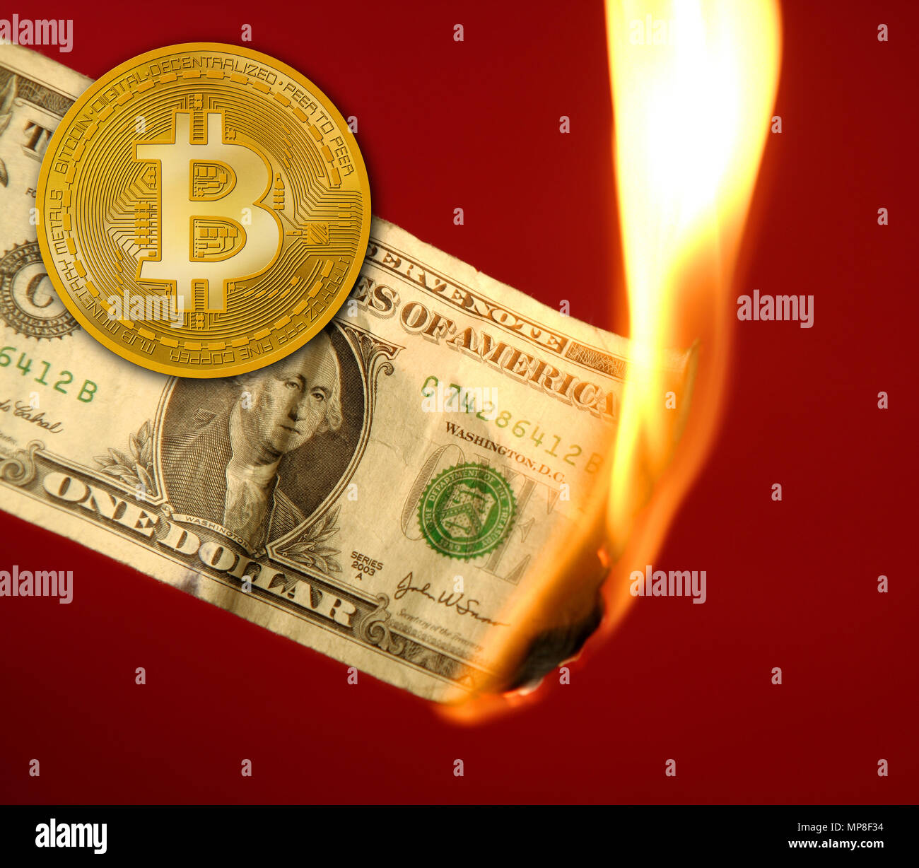 Bitcoin BTC versus dollar burning in fire takeover concept Stock Photo ...