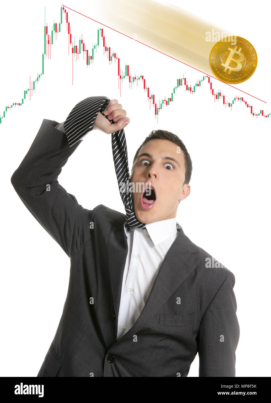 Sad businessman investing in Bitcoin BTC hanged with a tie Stock Photo -  Alamy