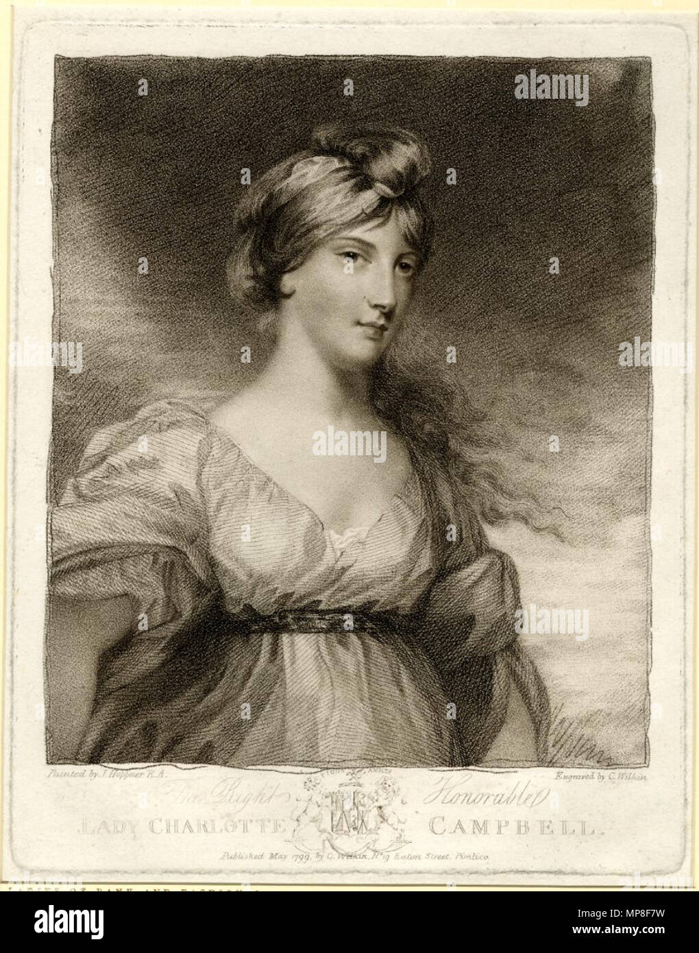 .  English: Portrait of Lady Charlotte Bury (née Campbell) (January 28, 1775 – April 1, 1861) . 1799.   Charles Wilkin  (circa 1750–1814)    Description English engraver and painter father of Francis William Wilkin  Date of birth/death 1750 28 May 1814  Location of birth/death London London  Work location London  Authority control  : Q5083528 VIAF: 4462117 ULAN: 500027543 BNE: XX5449582 RKD: 84549      After John Hoppner  (1758–1810)     Description English portrait painter  Date of birth/death 4 April 1758 ? 23 January 1810  Location of birth/death Whitechapel(London), England Whitechapel  Wo Stock Photo