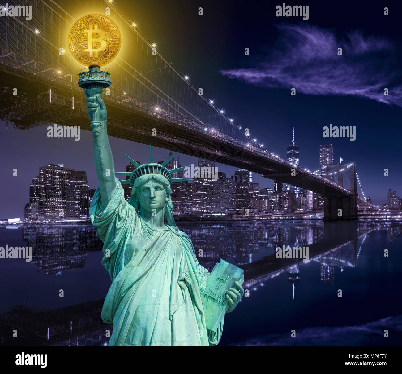 New york skyline with liberty holding bitcoin concept photomount Stock  Photo - Alamy