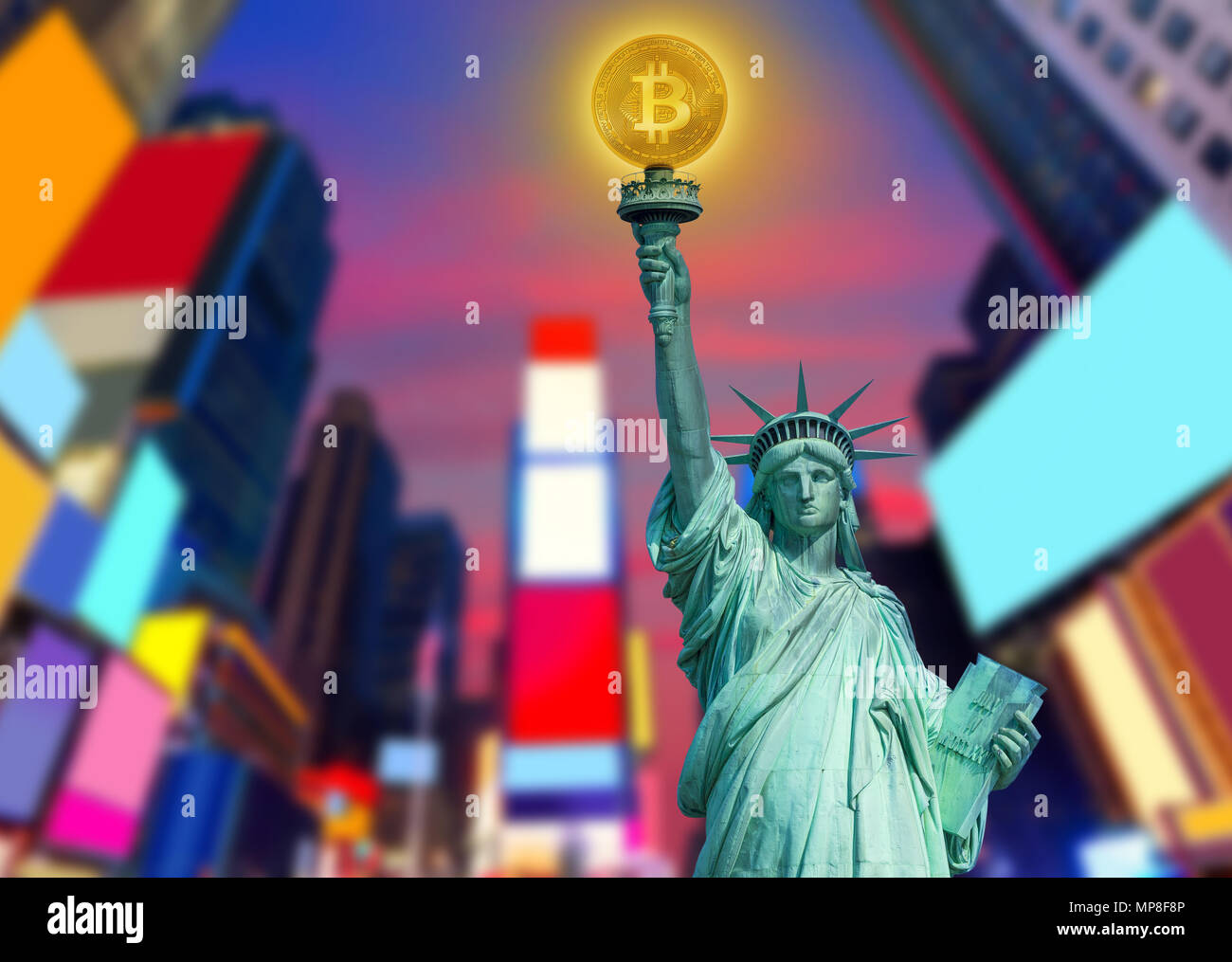 New york skyline with liberty holding bitcoin concept photomount Stock  Photo - Alamy