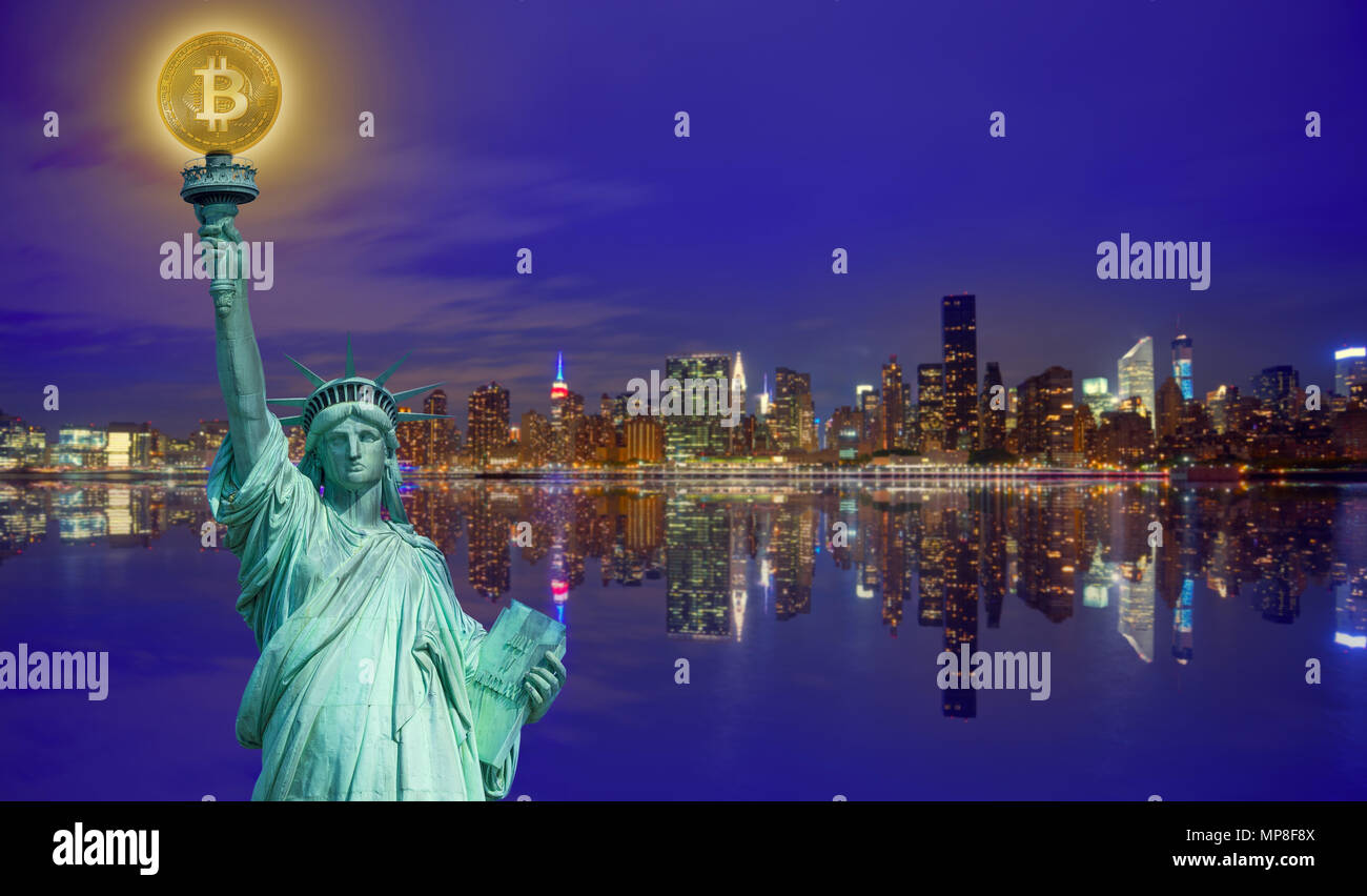 New york skyline with liberty holding bitcoin concept photomount Stock  Photo - Alamy