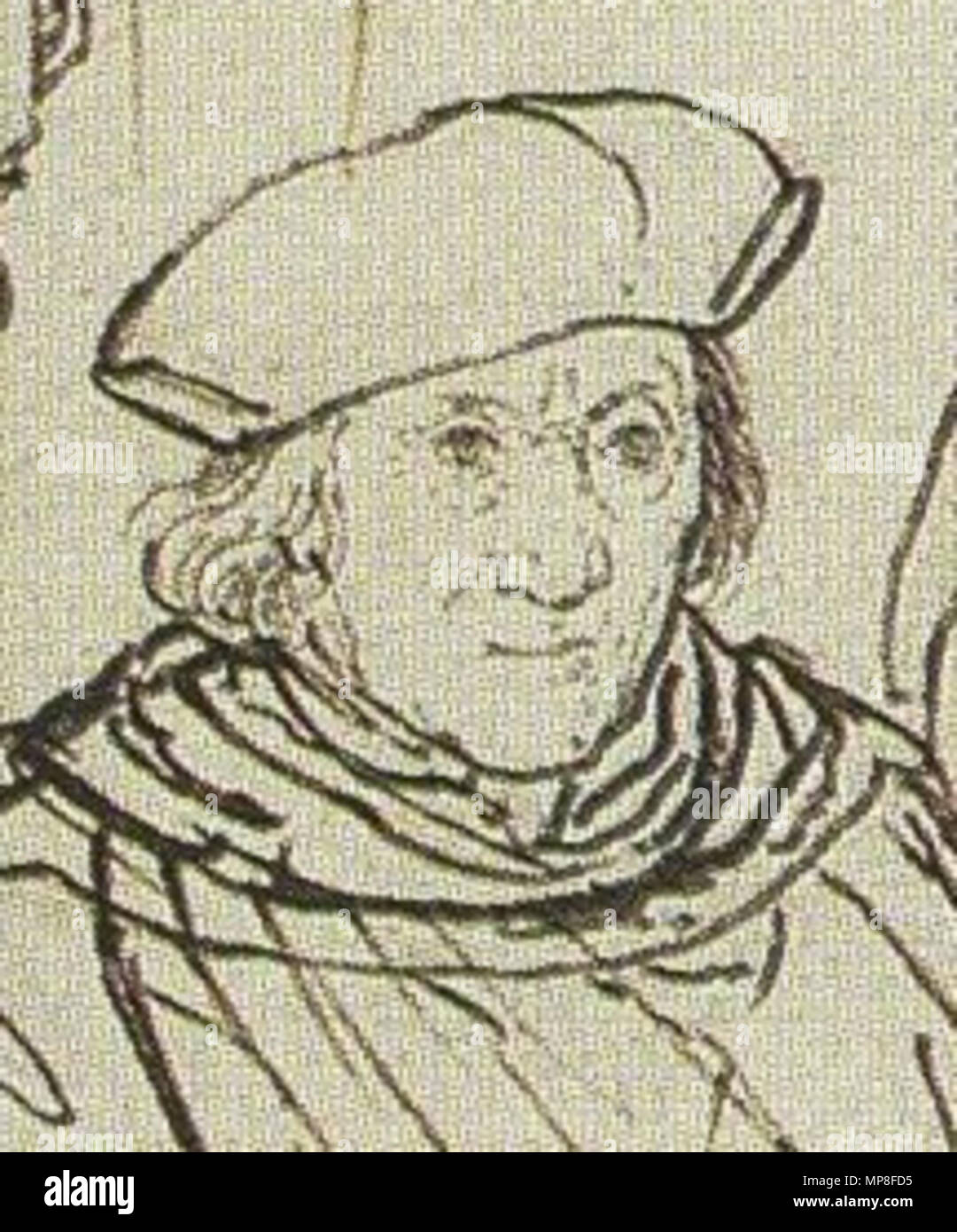 . English: Detail of Sir John More from Study for the Family Portrait of Thomas More. Pen and brush in black on top of chalk sketch, 38.9 × 52.4 cm. Kupferstichkabinett, Öffentliche Kunstsammlung, Basel. This is a preparatory sketch for Holbein's portrait of the family of Thomas More, now lost, thought to be the first life-sized group portrait north of the Alps. The painted work was copied several times—by the artist Rowland Lockey (c. 1565-1616), among others—though differences between the copies and this sketch suggest that intervening versions may have existed, adjusted in response to chang Stock Photo