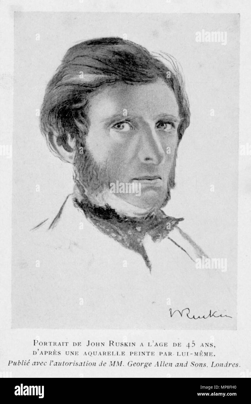 . English: John Ruskin, autoportrait, grayscale. Français : John Ruskin, autoportrait, noir et blanc. 1865.   John Ruskin  (1819–1900)       Alternative names Ruskin  Description British author, poet, artist and art critic  Date of birth/death 8 February 1819 20 January 1900  Location of birth/death London English: Brantwood, Lake District  Work location England, Venice, Switzerland, France  Authority control  : Q179126 VIAF: 73859585 ISNI: 0000 0001 2139 3446 ULAN: 500006262 LCCN: n79006950 NLA: 36583544 WorldCat 734 John Ruskin, autoportrait, B&amp;W Stock Photo