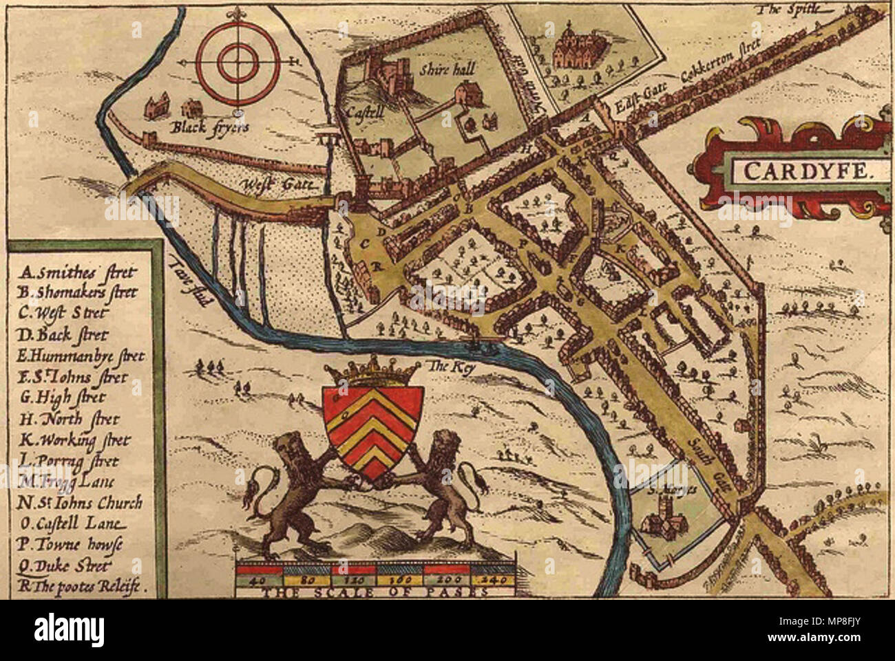 . John Speed's map of Cardiff, Wales (1610) . 1610. John Speed 735 John Speed's map of Cardiff, Wales (full) Stock Photo