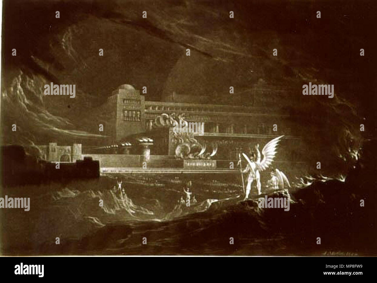 . Pandemonium - One out of a set of mezzotints with the same title . between 1823 and 1827 (see [1]).   John Martin  (1789–1854)     Alternative names John Martin I; John, I Martin; J. Martin; Martin  Description English painter and engraver  Date of birth/death 19 July 1789 17 February 1854  Location of birth/death Haydon Bridge Douglas  Work location England  Authority control  : Q937096 VIAF: 92133015 ISNI: 0000 0000 8164 7113 ULAN: 500023063 LCCN: n50040933 WGA: MARTIN, John WorldCat 735 John-Martin-Pandemonium-color-sharpend Stock Photo