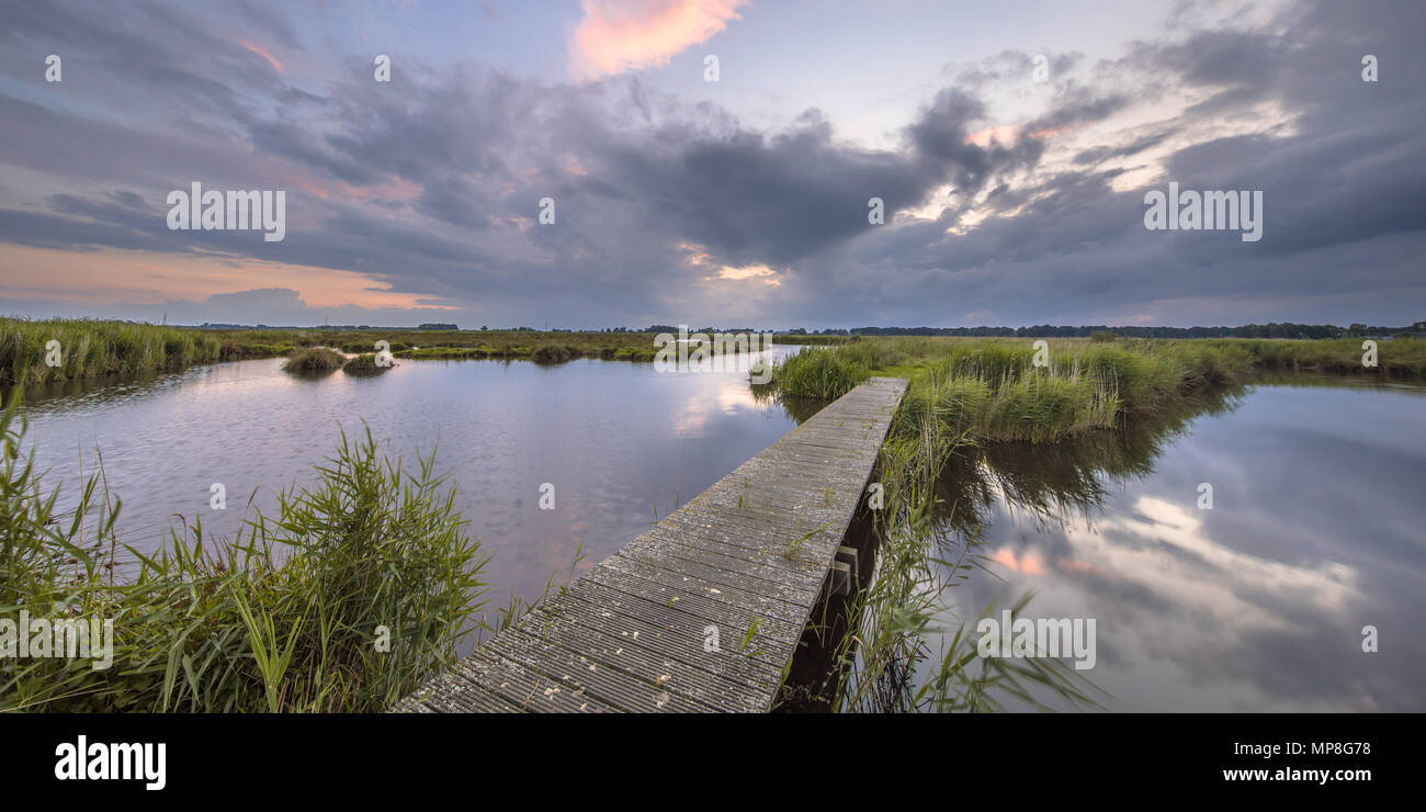 Wooden footbridge over river as a concept for challenge in nature reserve de Onlanden near Groningen, Netherlands Stock Photo