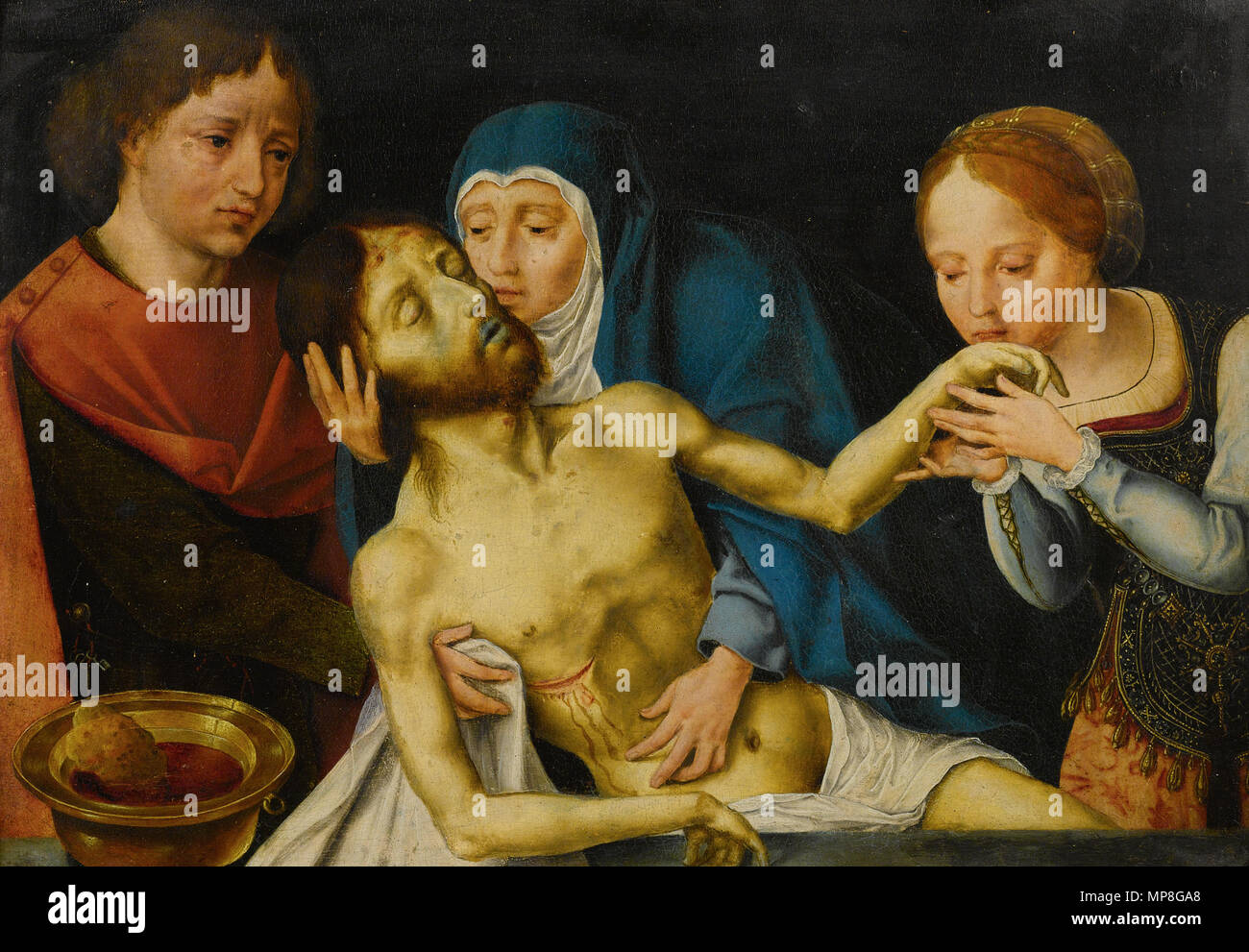 . The Lamentation of Christ. 16th century.   Follower of Joos van Cleve  (circa 1485 – 1540/1541)     Alternative names Joos van der Beke, Joos van der Beken, Joos van Cleef, Master of the Death of the Virgin  Description Flemish painter and draughtsman  Date of birth/death circa 1485 between 10 November 1540 and 13 April 1541  Location of birth/death Cleves (?) Antwerp  Work location Kalkar (circa 1505–1508), Bruges (1507–1511), Antwerp (1511–1540), France (1529), London (1535–1536)  Authority control  : Q153472 VIAF: 69201794 ISNI: 0000 0001 1877 5443 ULAN: 500007799 LCCN: nr91022860 NLA: 35 Stock Photo