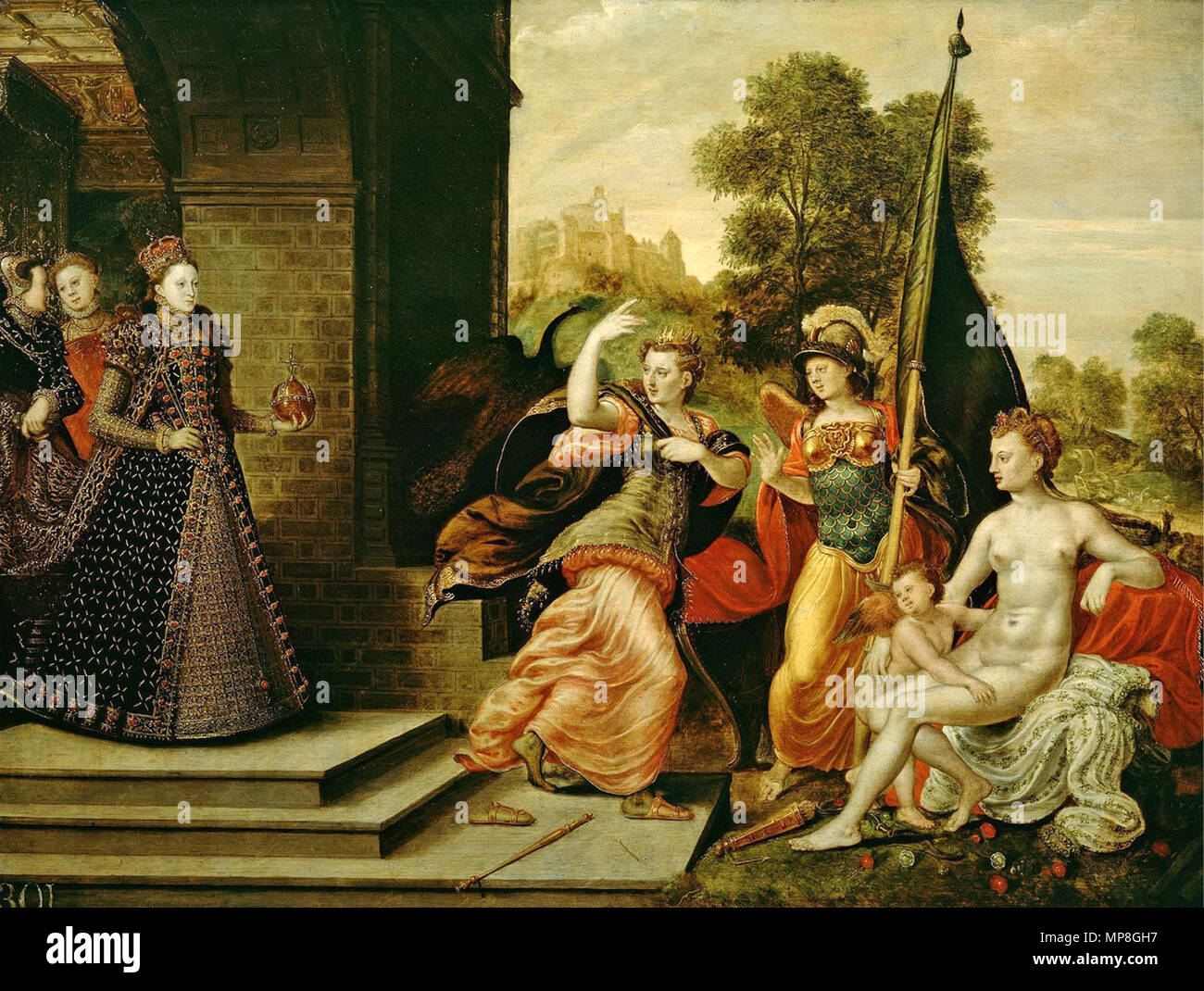 English: Elizabeth I and the Three Goddesses .  English: Allegoric representation of Elizabeth I with the goddesses Juno, Athena & Venus/Aphrodite. The fact that Juno seems to signal the Queen to walk towards the goddess suggests that the painting was commissioned to pressure Elizabeth into marriage. . 1569.   738 Joris Hoefnagel or Hans Eworth - Queen Elizabeth I &amp; the Three Goddesses, ca 1569 Stock Photo
