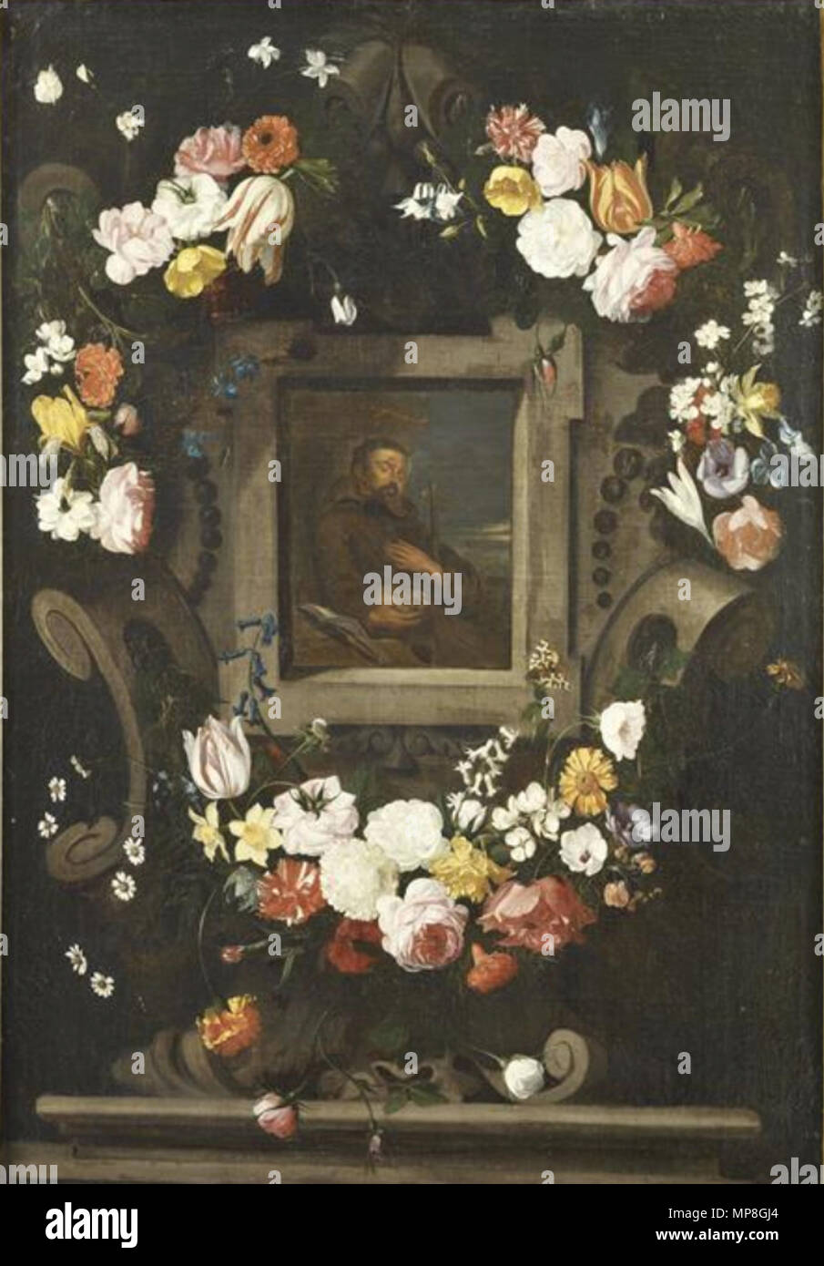Garland of flowers surrounding a cartouche with St Francis  between 1643 and 1667.   738 Joris van Son - Garland of flowers surrounding a cartouche with St Francis Stock Photo