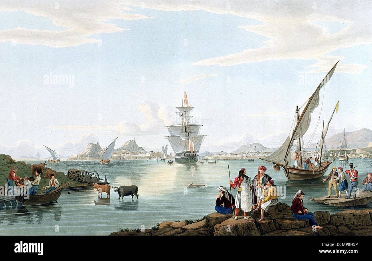 Town, Citadel, and Harbour of Corfu, from the Island of Vido  circa 1820.   741 Joseph Cartwright - Town, Citadel, and Harbour of Corfu, from the Island of Vido Stock Photo
