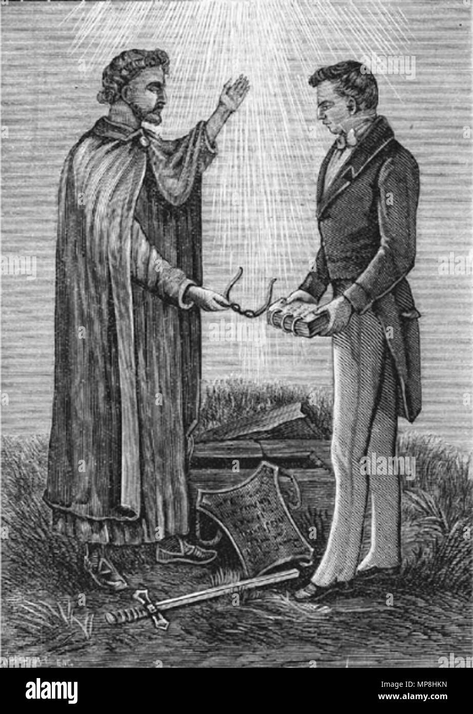 . A 1893 engraving by Edward Stevenson of the Angel Moroni delivering the Golden Plates to Joseph Smith in 1827. From Reminiscences of Joseph, the Prophet (Salt Lake City: Stevenson, 1893), 21. circa 1893. Edward Stevenson (1820–1897) 742 Joseph Smith receiving golden plates Stock Photo