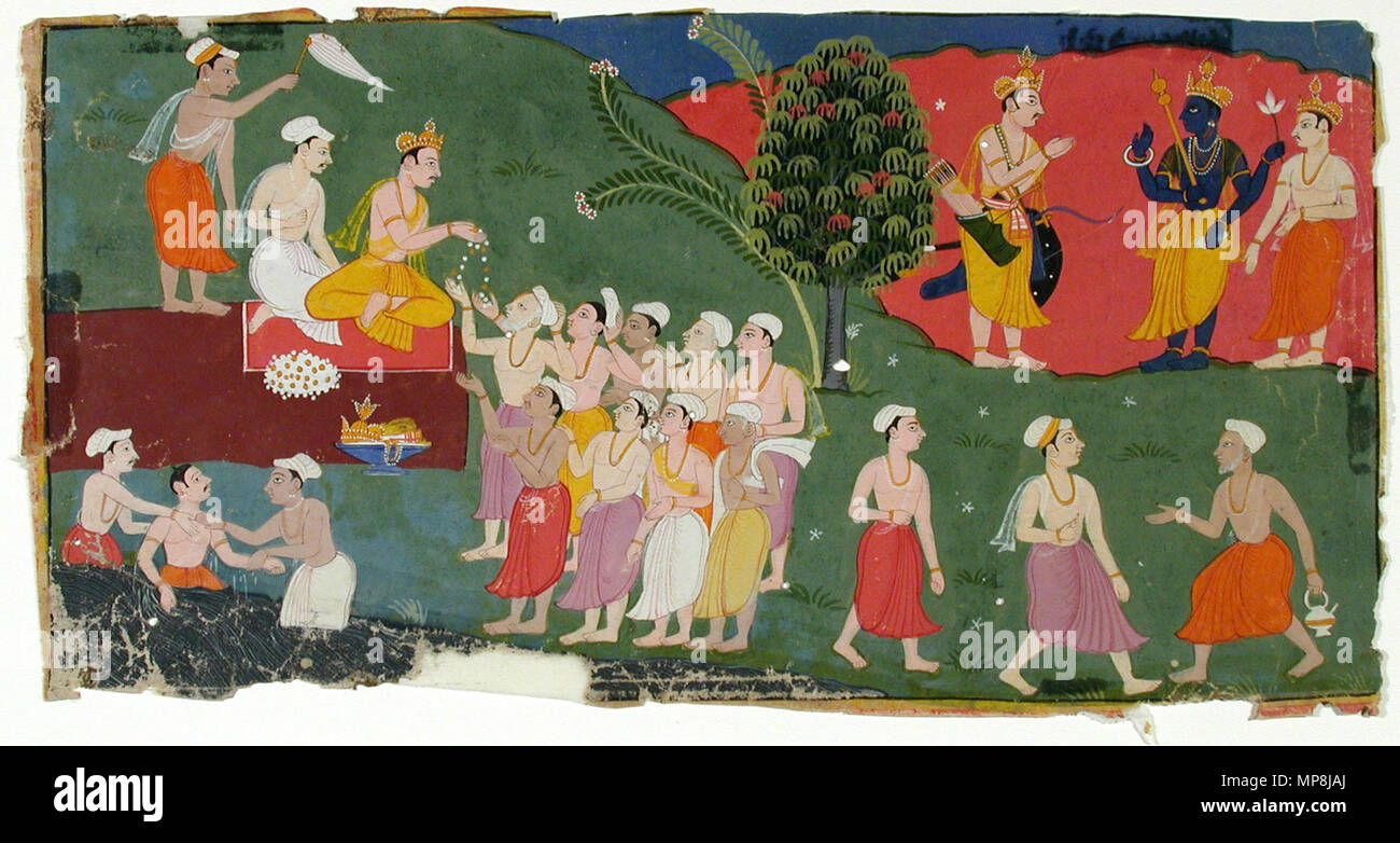 . English: Series Title: The Ancient Text of the Lord Suite Name: Bhagavata Purana Display Artist: Shah ud Din Creation Date: 1648 Display Dimensions: 6 23/32 in. x 13 7/32 in. (17.1 cm x 33.6 cm) Credit Line: Edwin Binney 3rd Collection Accession Number: 1990.604 Collection: <a href='http://www.sdmart.org/art/our-collection/asian-art' rel='nofollow'>The San Diego Museum of Art</a> . 27 July 2001, 11:07:04. English: thesandiegomuseumofartcollection 1168 The adoration of Vishnu; a king distributes garlands (6125095036) Stock Photo