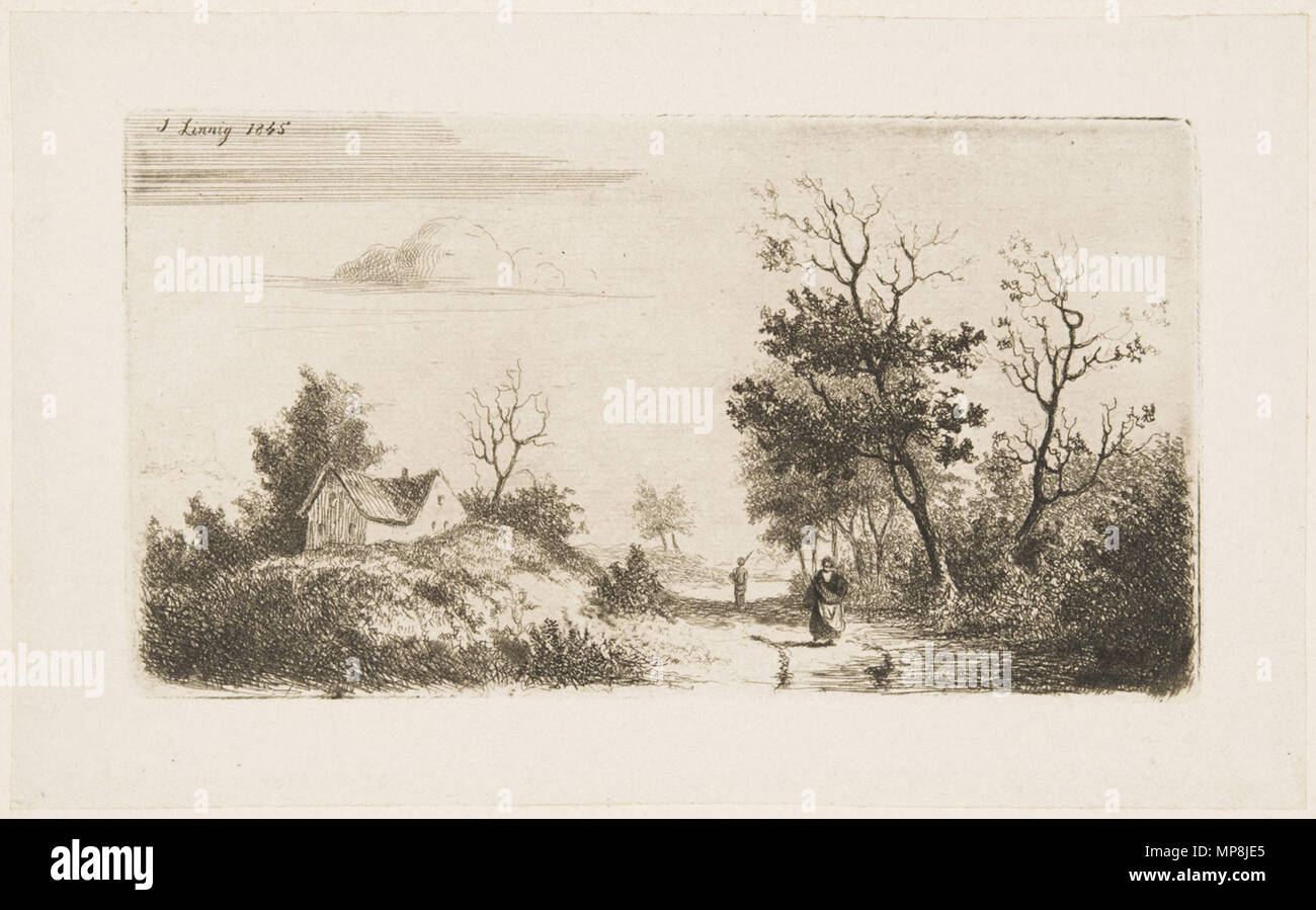 English: At Ruysbroeck: Landscape with a Road and a Woman Approaching   1845.   746 Jozef Linnig - At Ruysbroeck; Landscape with a Road and a Woman Approaching Stock Photo