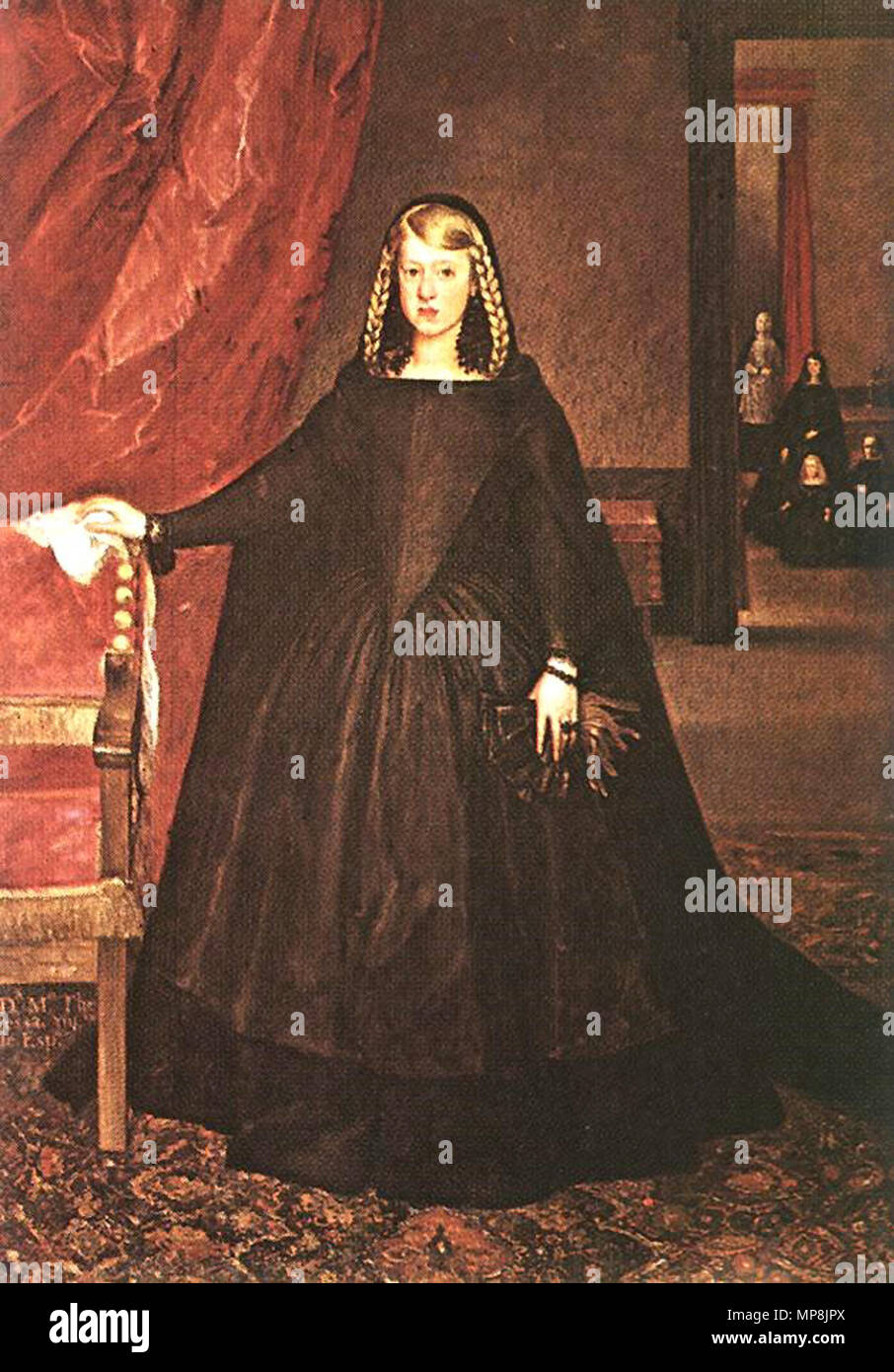 Spanish: La emperatriz Margarita de Austria The Empress Doña Margarita de Austria in Mourning Dress.  English: The sitter is Margaret of Spain, first wife of Leopold I, Holy Roman Emperor, wearing mourning dress for her father, Philip IV of Spain, with children and attendants in mourning dress. . 1666.   747 Juan Bautista Martinez del Mazo Stock Photo