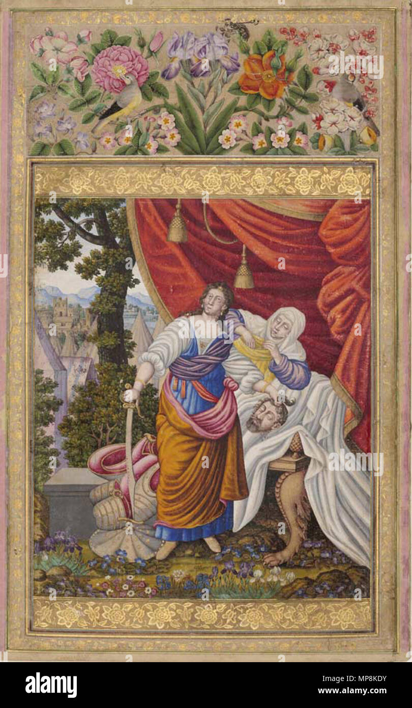 .  English: Judith with the Severed Head of Holofernes, signed Muhammad Zaman, Iran, Isfahan, c. 1680, opaque gold and watercolor on paper . 1680.   750 Judith with the Severed Head of Holofernes, signed Muhammad Zaman, Iran, Isfahan, c. 1680 AD, opaque gold and watercolor on paper Stock Photo