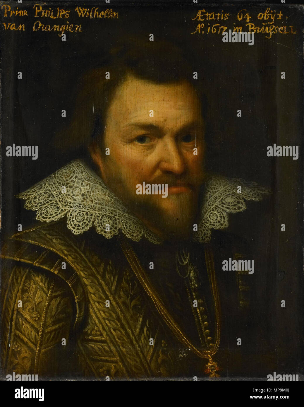 datum 04-05-04    Portrait of Philips Willem (1554-1618), prince of Orange.[1] Alternative title(s): Portret van Prins Philips Willem, prins van Oranje Nassau (1554-1618); uit de Leeuwarden-reeks.[2] Portret van Philips Willem van Oranje- Nassau (1554-1618).[3]   circa 1609-1633.   1273 Workshop of Michiel Jansz. van Mierevelt 003 Stock Photo