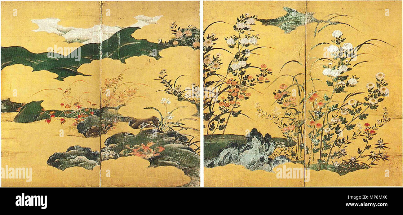 . English: Flowers. Attributed to Kanō Eitoku. Pair of two-panel folding screens, colour and gold on paper. Momoyama period, 16-17th century CE. 16-17th century CE.   Kanō Eitoku  (狩野永徳)     Alternative names 狩野永徳; 狩野永德; 狩野栄徳; Eitoku; Eitoku Kanō; Kuninobu  Description Japanese painter  Date of birth/death 26 February 1543 12 October 1590  Location of birth/death Kyoto, Japan Kyoto, Japan  Work period Azuchi=Momoyama Period  Work location Kyoto, Aszuchi, Osaka, Ohara  Authority control  : Q536696 VIAF: 37719308 ISNI: 0000 0000 8219 2181 ULAN: 500121009 LCCN: n82056430 GND: 119099217 WorldCat 7 Stock Photo