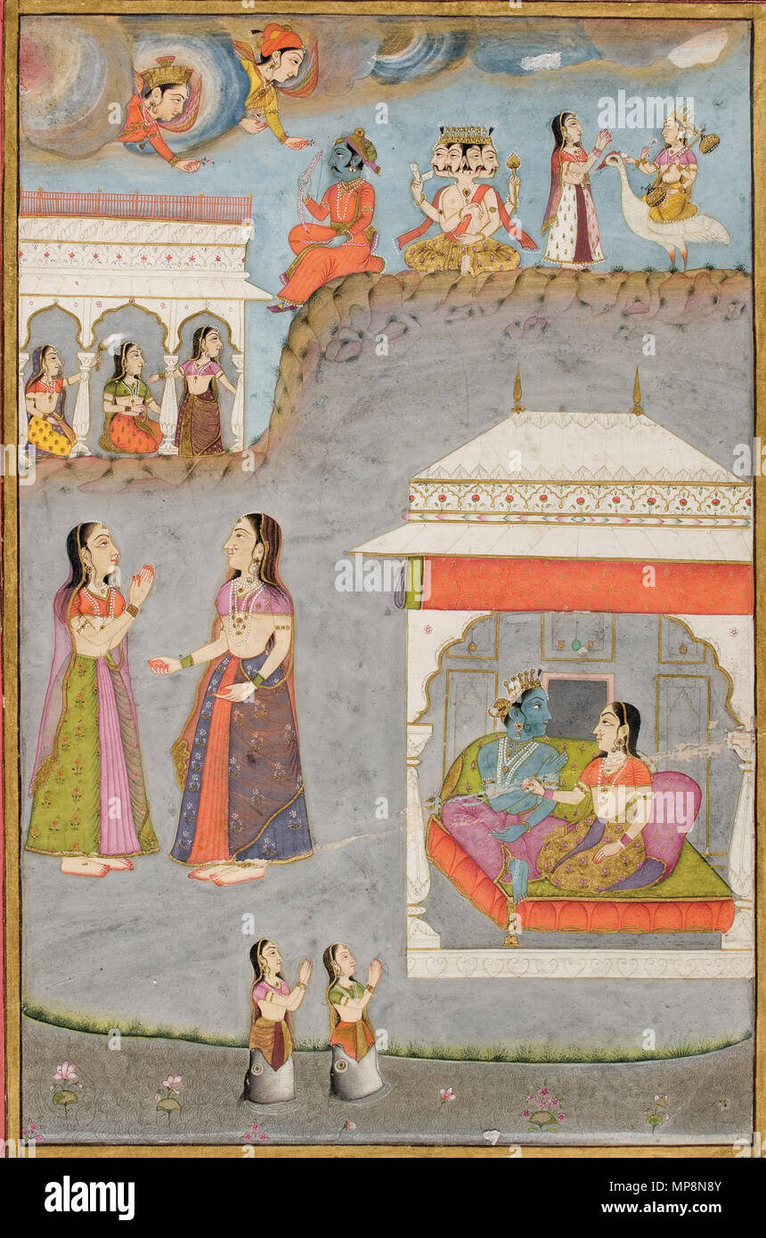 . English: Series Title: Connoisseur's Delight Suite Name: Rasikapriya Display Artist: Kasam, son of Ahamad Creation Date: 1750 Display Dimensions: 7 27/32 in. x 5 1/8 in. (19.9 cm x 13 cm) Credit Line: Edwin Binney 3rd Collection Accession Number: 1990.790 Collection: <a href='http://www.sdmart.org/art/our-collection/asian-art' rel='nofollow'>The San Diego Museum of Art</a> . 17 April 2007, 01:24:06. English: thesandiegomuseumofartcollection 787 Labdhapraudha Nayika- Lovers in a pavillion, Kama, Brahma and Sarasvati above (6124564841) Stock Photo