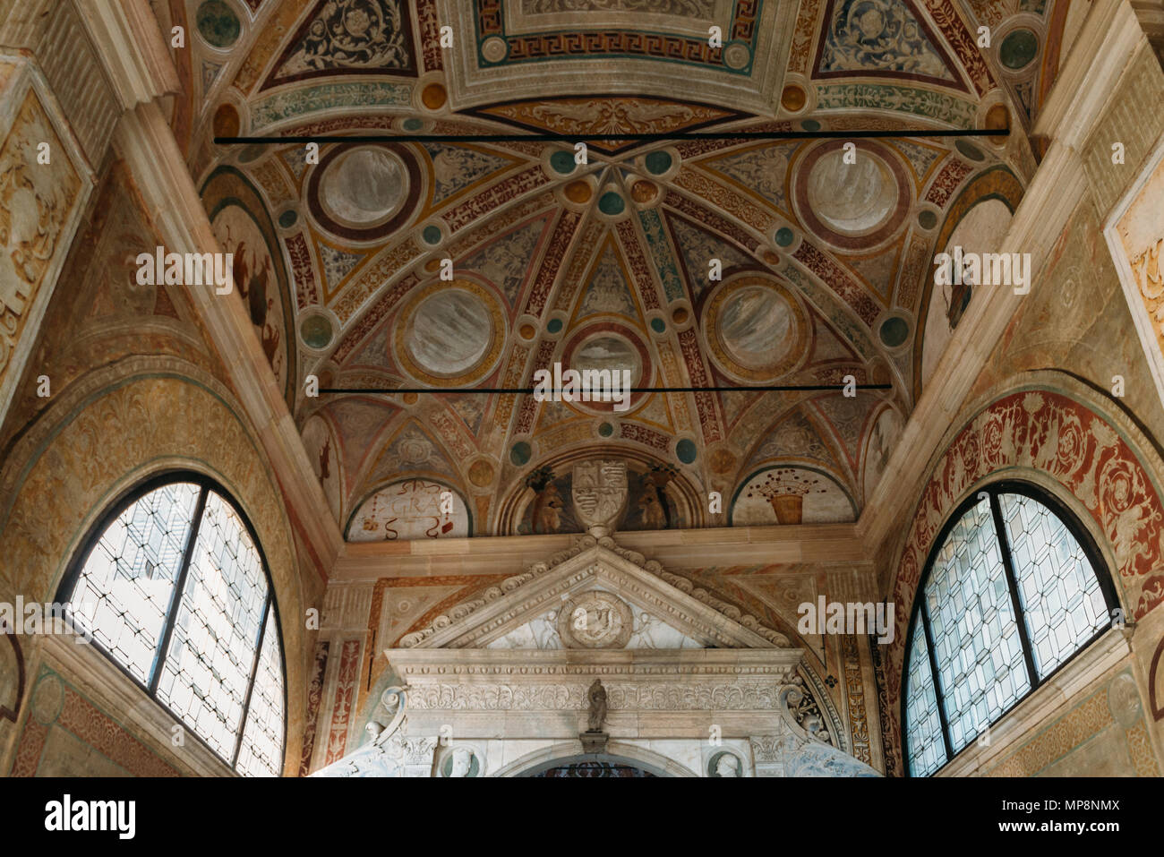 Certosa di Pavia, Italy - May 18, 2018: Ceiling of the Certosa di Pavia, typical of the Lombard architecture and combines Gothic and Renaissance style Stock Photo