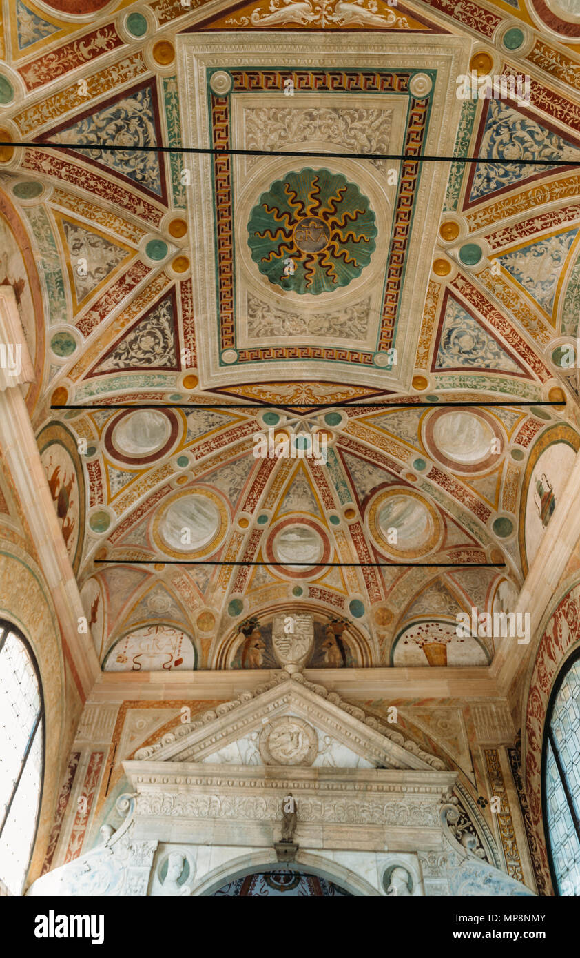 Certosa di Pavia, Italy - May 18, 2018: Ceiling of the Certosa di Pavia, typical of the Lombard architecture and combines Gothic and Renaissance style Stock Photo
