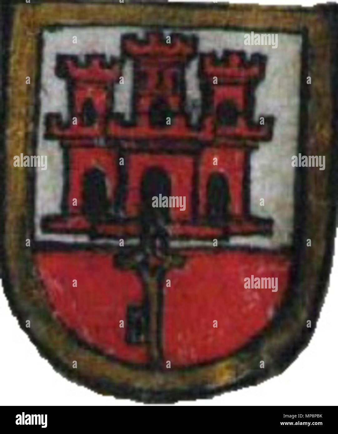 . English: Original drawing of the coat of arms of Gibraltar granted by a Royal Warrant passed in Toledo on July 10, 1502 by Isabella of Castile . 5 May 2007, 19:27:51. Bluedenim, This file was derived from:  Original coat of arms of Gibraltar.jpg 946 Original coat of arms of Gibraltar (cropped) Stock Photo