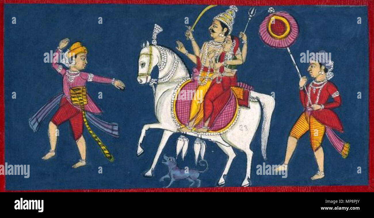 . English: 'Gouache painting on paper. Khandoba and his wife on a horse. This regional Hindu deity is a form of Śiva and is usually depicted either in the form of a linga or as a figure riding a horse. Here he is carrying a sword and a trident, accompanied by a dog.' . between 1800 and 1805. unknown Poona artist 764 Khandoba Poona painting 1800-05 Stock Photo
