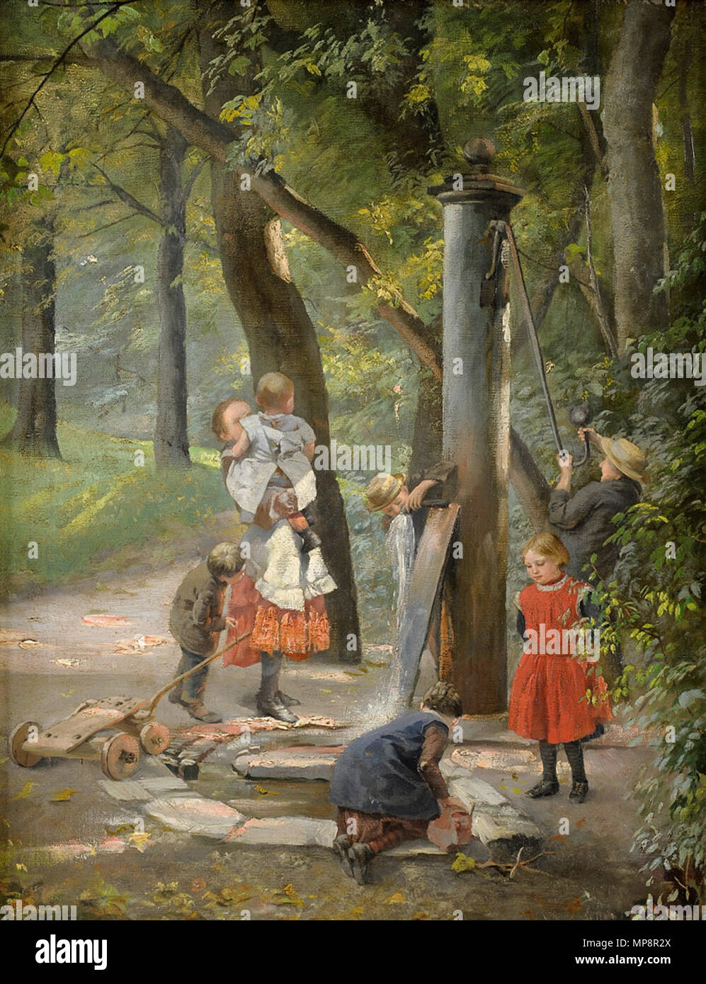 Kinder am Brunnen. Öl auf Leinwand, 50 x 40 cm. Unbekannter Meister 19. Jh.  19th century. Anonymous 765 Kinder am Brunnen 19Jh Stock Photo - Alamy