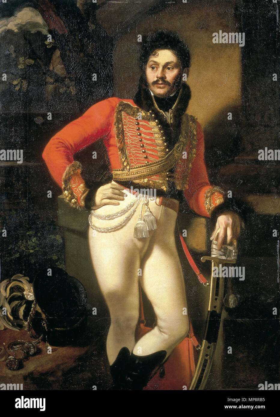 Русский: Портрет лейб-гусарского полковника Е.В.Давыдова Portrait of Life Guard Colonel Yevgraf Davydov.  The portrait is Orest Kiprensky’s most famous canvas and a specific manifesto of the art of the Romantic era in Russia. It was one of the works for which Kiprensky was made an academician in 1812. Yevgraf Davydov (1775–1823): Sergeant major of the Life Guards Cavalry Regiment (1791), cornet of the Life Guards Hussar Regiment (1799), colonel (1807). Fought in the Napoleonic Wars at the Battle of Austerlitz (1805) and the Battle of Ostrovnoye near Vitebsk (1812). Lost his left leg and right  Stock Photo
