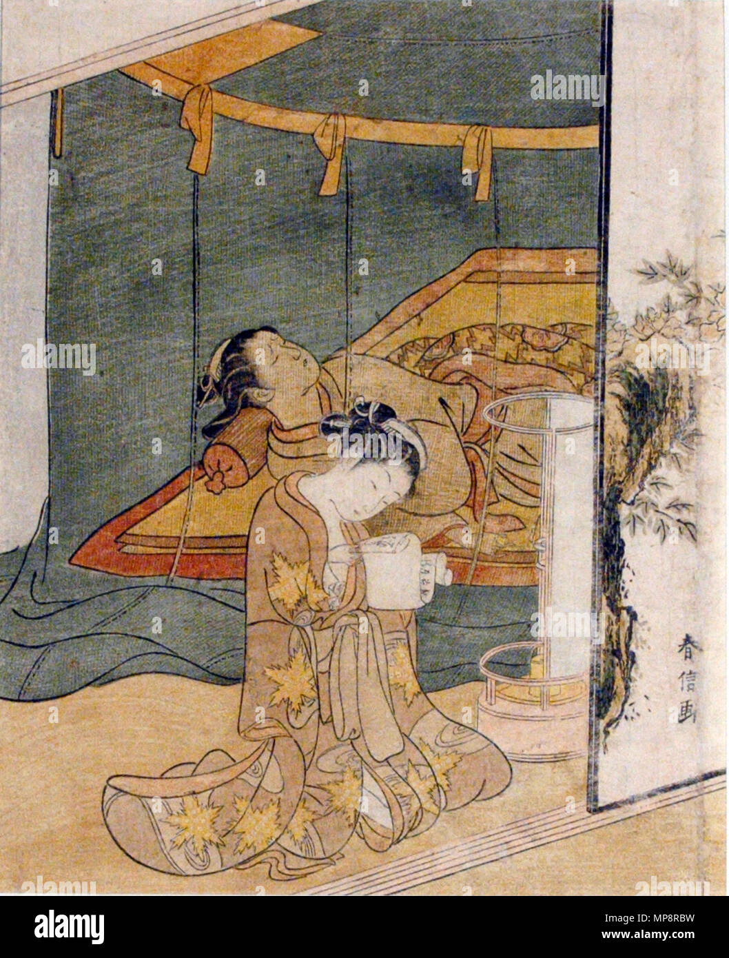 . English: Accession Number: 1957.80 Display Artist: Suzuki Harunobu Display Title: Young woman reading a letter at night while another sleeps behind a mosquito net Translation(s): Mujer Joven Leyendo una Carta Mientras Duerme su Madre Creation Date: 1768-1770 Medium: Woodblock Height: 10 5/16 in. Width: 8 5/16 in. Display Dimensions: 10 5/16 in. x 8 5/16 in. (26.19 cm x 21.11 cm) Credit Line: Bequest of Mrs. Cora Timken Burnett Label Copy: 'One of the pioneering artists of Ukiyo-e, Harunobu perfected the art of the full-color print, which was called nishiki-e or brocade print. Here, with his  Stock Photo