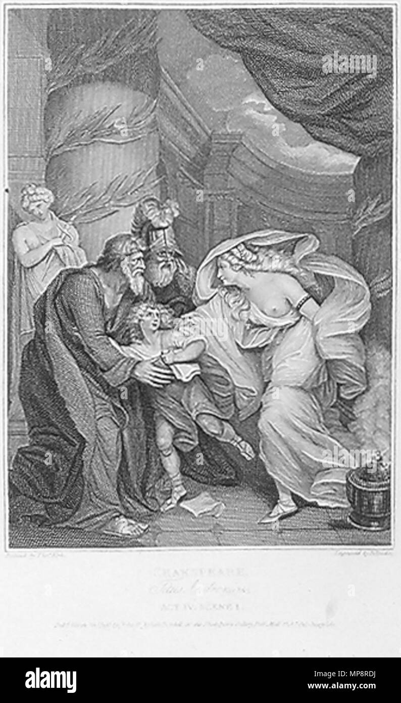 . Titus Andronicus: Act IV, Scene 1: Child alarmed at his aunt Lavinia . 1799. engraving by B. Reading (dates unknown) after painting by Thomas Kirk (1765–1797) 767 Kirk-TitusAct4ChildAlarmed Stock Photo