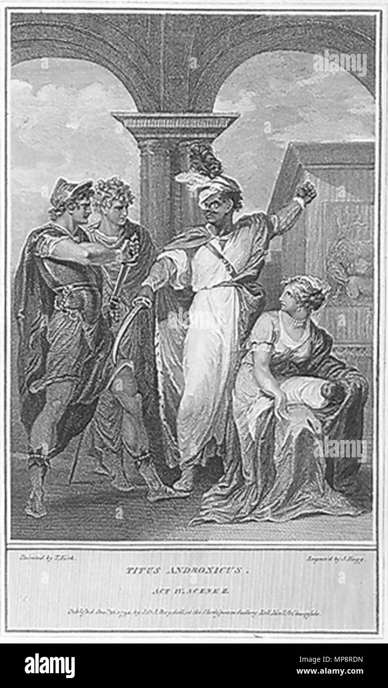 . Titus Andronicus: Act IV, Scene 2: Aaron protects his infant son . 1793. engraving by J. Hogg (dates unknown) after painting by Thomas Kirk (1765–1797) 767 Kirk-TitusAct4ProtectSon Stock Photo