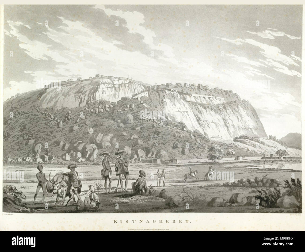 .  English: This uncoloured aquatint is taken from plate 20 of Captain Alexander Allan's 'Views in the Mysore Country'. Krishnagiri is a town in the Krishnagiri district of Tamil Nadu, bordering Karnataka. It is distinguished by the ruins of a building set magnificently atop towering granite boulders. The artist tells us that this was 'a hill fort of great strength and local importance; and was for a short time in possession of the English in the war of 1768 with Hyder Ali, when it surrendered after a long blockade'. British troops under Lt Col Maxwell attacked it in November 1791, during the  Stock Photo