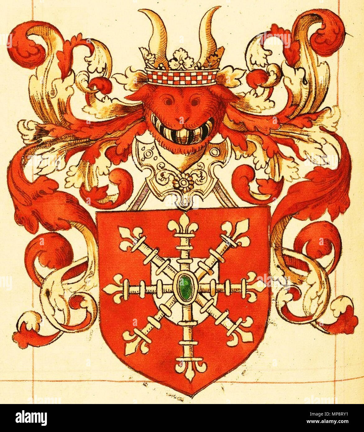 . Stammwappen der Grafen von Kleve (mit dem Detailfehler, dass die Krone des Stieres bereits den märkischen Schachbalken aufweist, was anachronistisch ist, denn die späteren Grafen und Herzöge von Kleve waren des Stammes von der Mark -aber die Grafen von der Mark hatten eben den Schachbalken als Stammwappen). circa 1549–1560. Alexandre Le Blancq (vers 1520–1575), seigneur de Meurchin, troisième fils de Guillaume Le Blancq (vers 1492–1558), seigneur de Hourchin, maître de la chambre des comptes de Lille, et de Philippe Ruffault (fille de Jean, trésorier général des Domaines et Finances à Bruxel Stock Photo