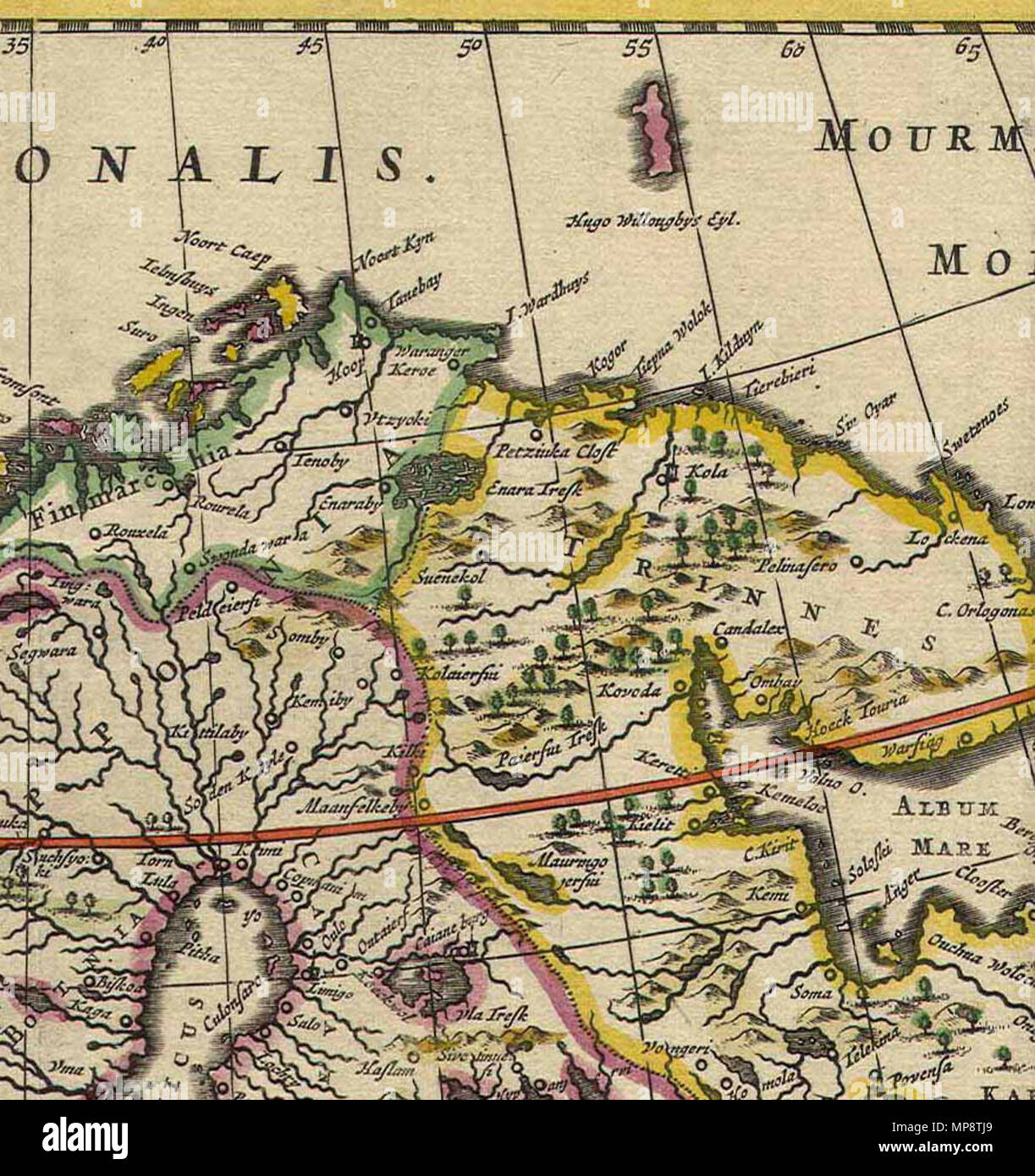 . English: Dutch map of the Kola Peninsula. 1660. De Wit 772 Kola Peninsula map from 1660 Stock Photo