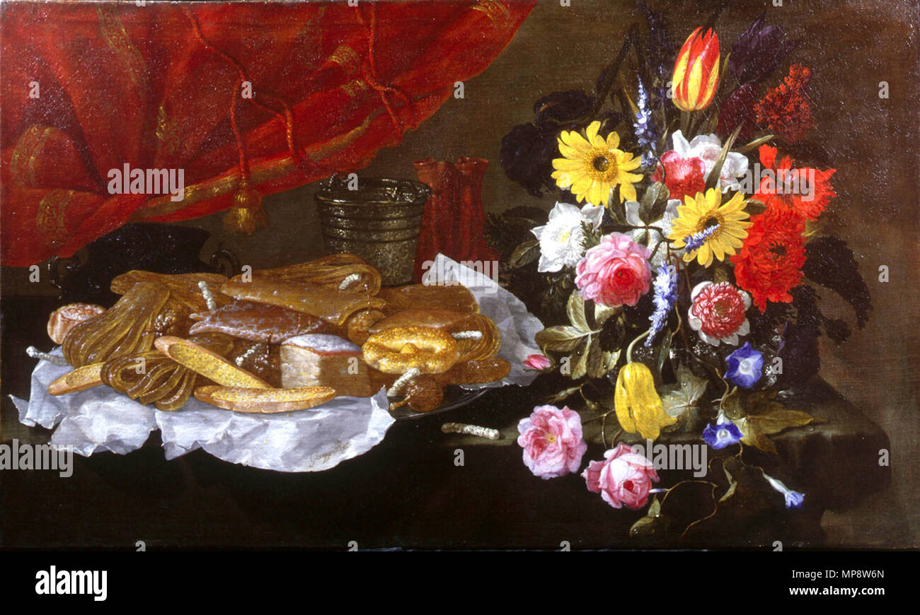A Still Life of Roses, Carnations, Tulips and other Flowers in a glass Vase, with Pastries and Sweetmeats on a pewter Platter and earthenware Pots, on a stone Ledge in front of a red Curtain  17th century.   1044 Recco, Giuseppe - A Still Life of Roses, Carnations, Tulips and other Flowers in a glass Vase, with Pastries and Sweetmeats on a pewter Platter and earthenware Pots - 17th c Stock Photo