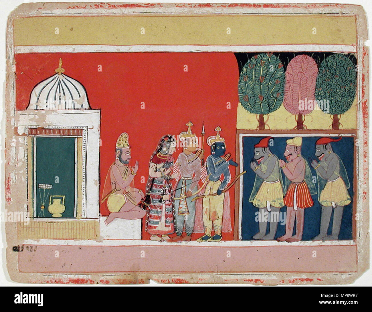 . English: Series Title: Rama's Journey Suite Name: Ramayana Creation Date: ca. 1630 Display Dimensions: 7 in. x 9 1/16 in. (17.8 cm x 23 cm) Credit Line: Edwin Binney 3rd Collection Accession Number: 1990.944 Collection: <a href='http://www.sdmart.org/art/our-collection/asian-art' rel='nofollow'>The San Diego Museum of Art</a> . 7 September 2001, 15:10:09. English: thesandiegomuseumofartcollection 1041 Rama, Sita and Lakshman at the Sage's hut (6124573733) Stock Photo