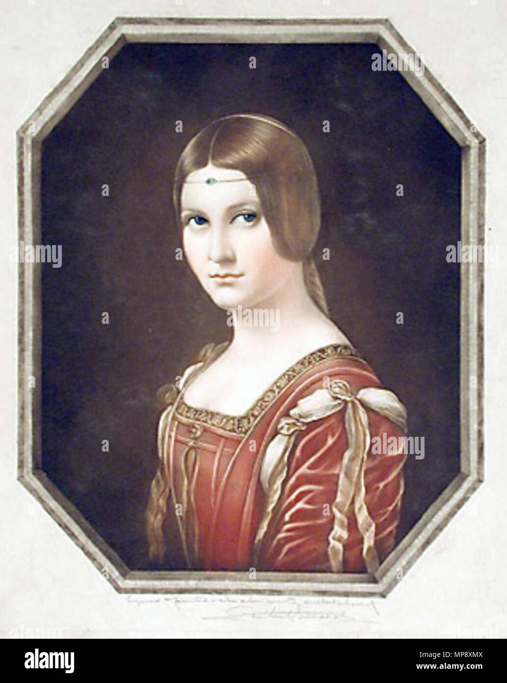 .  Leonardo Da Vinci (1452-1519) (after) S. Arlent Edwards (engraver) La Belle Ferroniere Color Printed Mezzotint, Finished by Hand Signed and Inscribed by Engraver in Pencil Lower Margin London: c. 1900 20 x 16 1/2 inches, overall 14 3/4 x 12 1/4 inches, image . circa 1900. Signed and Inscribed by Engraver in Pencil Lower Margin 782 La Belle Ferroniere mezzotint Stock Photo
