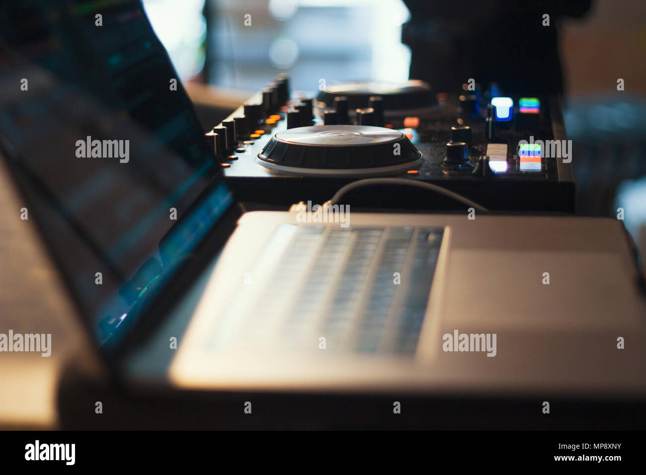 Computer and mixer DJ Stock Photo Alamy