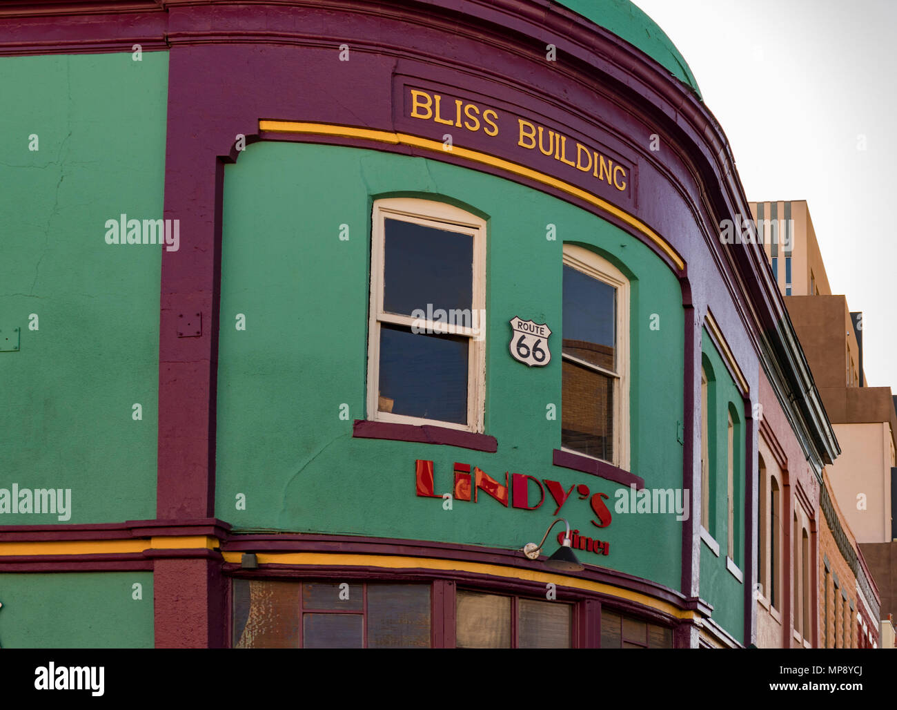 Albuquerque, New Mexico, USA - April 14, 2018: Historic Bliss Building, Lindy's Diner, on Route 66, Downtown Albuquerque, New Mexico. National Registe Stock Photo