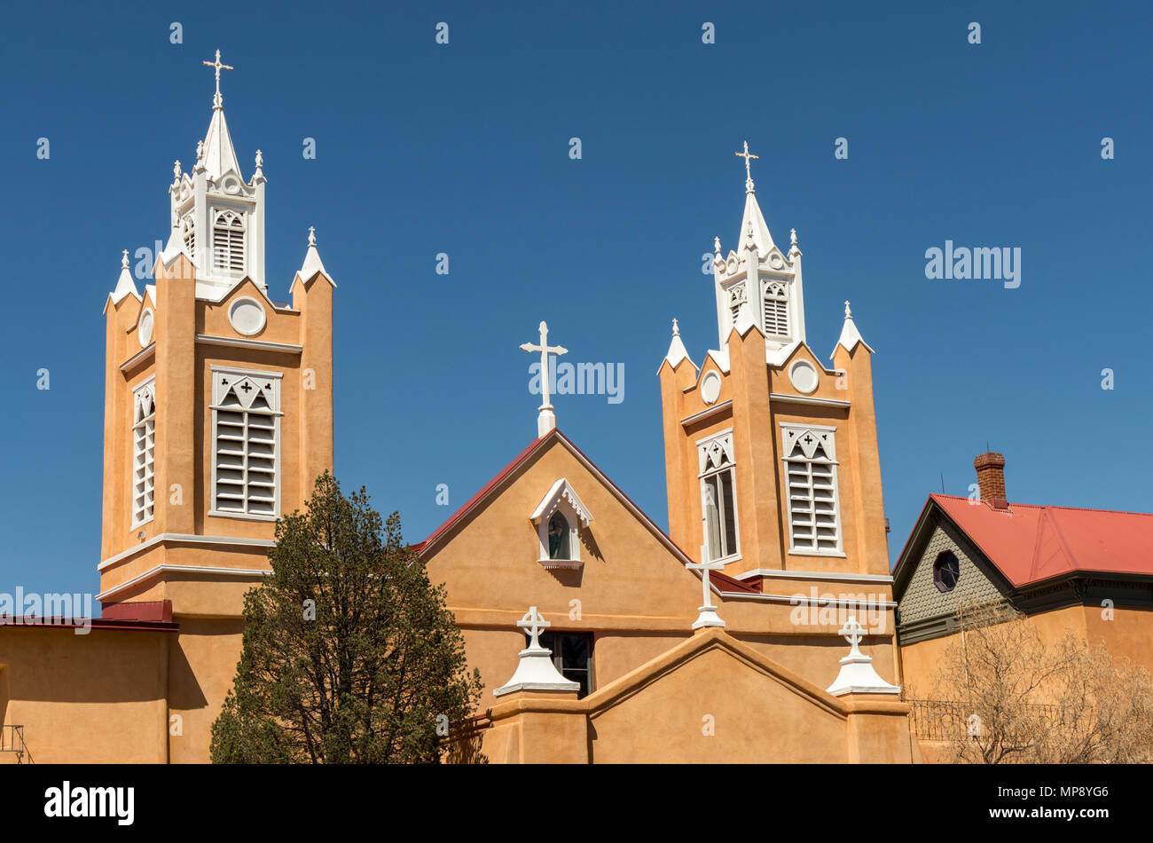 San Felipe de Niri Church in Old Town Albuquerque, New Mexico, USA against a clear blue sky. Stock Photo