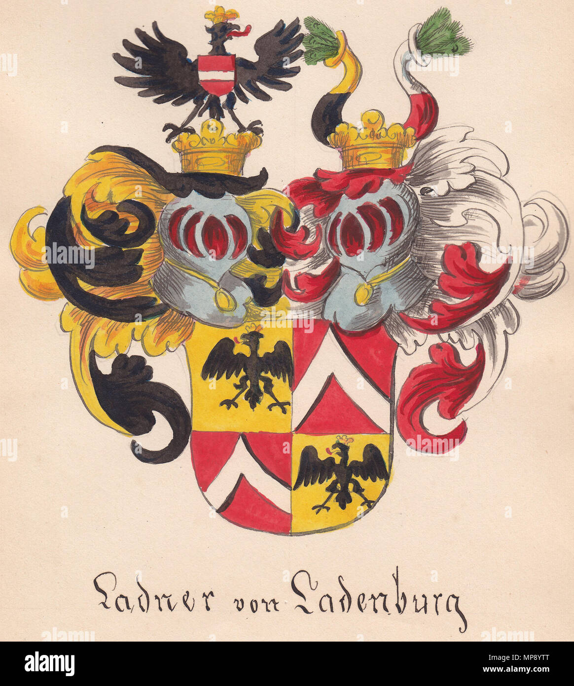 . Deutsch: Wappen mit einem gevierten Schild, wobei sich im ersten und letzten goldenen Feld ein schwarzer gekrönter Sandadler (=Steinadler) sowie im zweiten und dritten, jeweils roten Feld ein silberner Sparrbalken befindet. Auf dem Schild ruhen zwei gekrönte Helme. Der Erste zeigt den Adler wie im Schild, allerdings trägt dieser noch ein rotes Schild mit einem silbernen Querbalken. Der zweite Helm trägt zwei Büffelhörner, wobei das Rechte unten schwarz und oben golden, das andere unten rot und oben silbern ist; beide Büffelhörner tragen in ihren Öffnungen Pfauenfedern. 1 January 1860. A. von Stock Photo