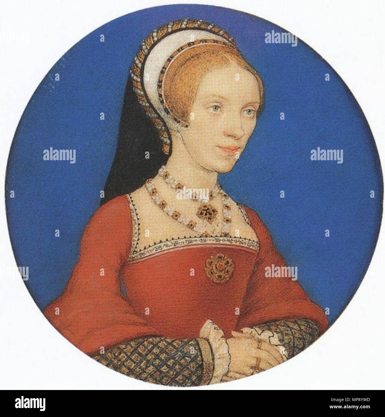 . English: Portrait Miniature of Elizabeth, Lady Audley. Watercolour on vellum mounted on playing card, 5.6 cm diameter, Royal Collection, Windsor Castle. This portrait is based on Holbein's drawing inscribed, by a later hand than Holbein's, 'The Lady Audley'. There were two ladies called Elizabeth, Lady Audley. One was the daughter of Sir Brian Tuke, whom Holbein also painted; but she did not become Lady Audley until 1557. The more likely sitter is Elizabeth Grey (d. 1564), who married Lord Audley of Walden in 1538 (Foister, p. 106). circa 1538.   Hans Holbein  (1497/1498–1543)       Alternat Stock Photo
