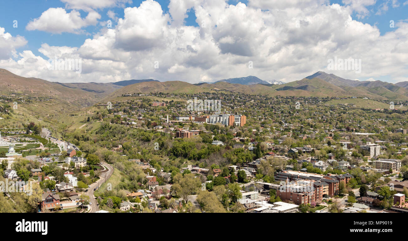 Aerial view of the Latter Day Saints (LDS) Mormon Hospital and north Salt Lake City viewed from downtown SLC, Utah, USA. Stock Photo