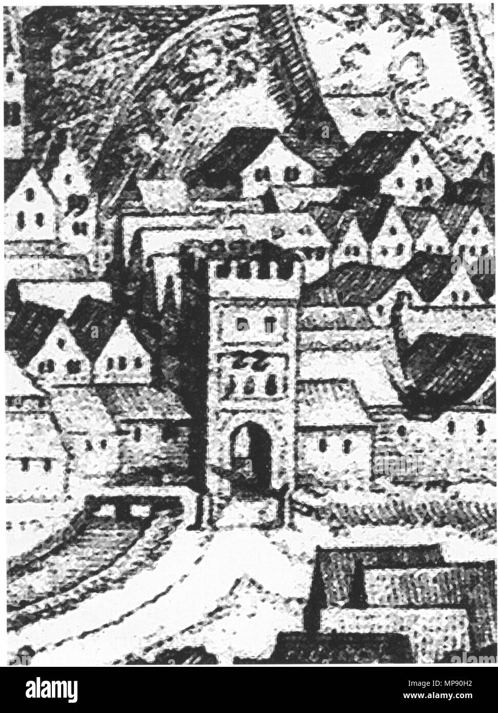 . Deutsch: Landshuter Tor in Freising (Ausschnitt aus File:Merian freising.jpg) . 1642. Matthaeus Merian 792 Landshuter tor freising Stock Photo
