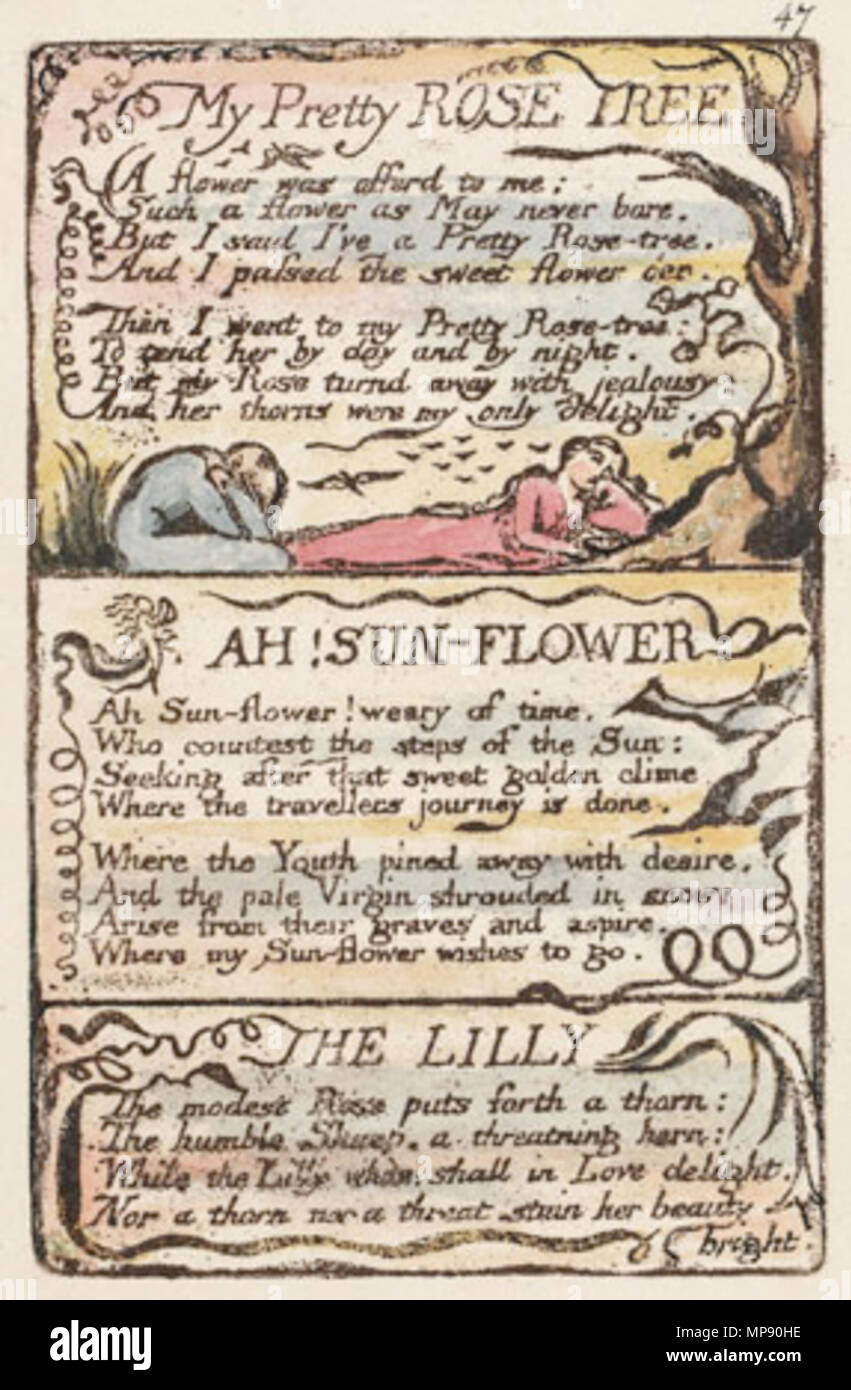 . English: Songs of Innocence and of Experience, copy N, 1795 (Henry E. Huntington Library and Art Gallery) object 18 The Pretty Rose Tree . 10 July 2007, 08:28:07.   William Blake  (1757–1827)       Alternative names W. Blake; Uil'iam Bleik  Description British painter, poet, writer, theologian, collector and engraver  Date of birth/death 28 November 1757 12 August 1827  Location of birth/death Broadwick Street Charing Cross  Work location London  Authority control  : Q41513 VIAF: 54144439 ISNI: 0000 0001 2096 135X ULAN: 500012489 LCCN: n78095331 NLA: 35019221 WorldCat     This is a faithful  Stock Photo