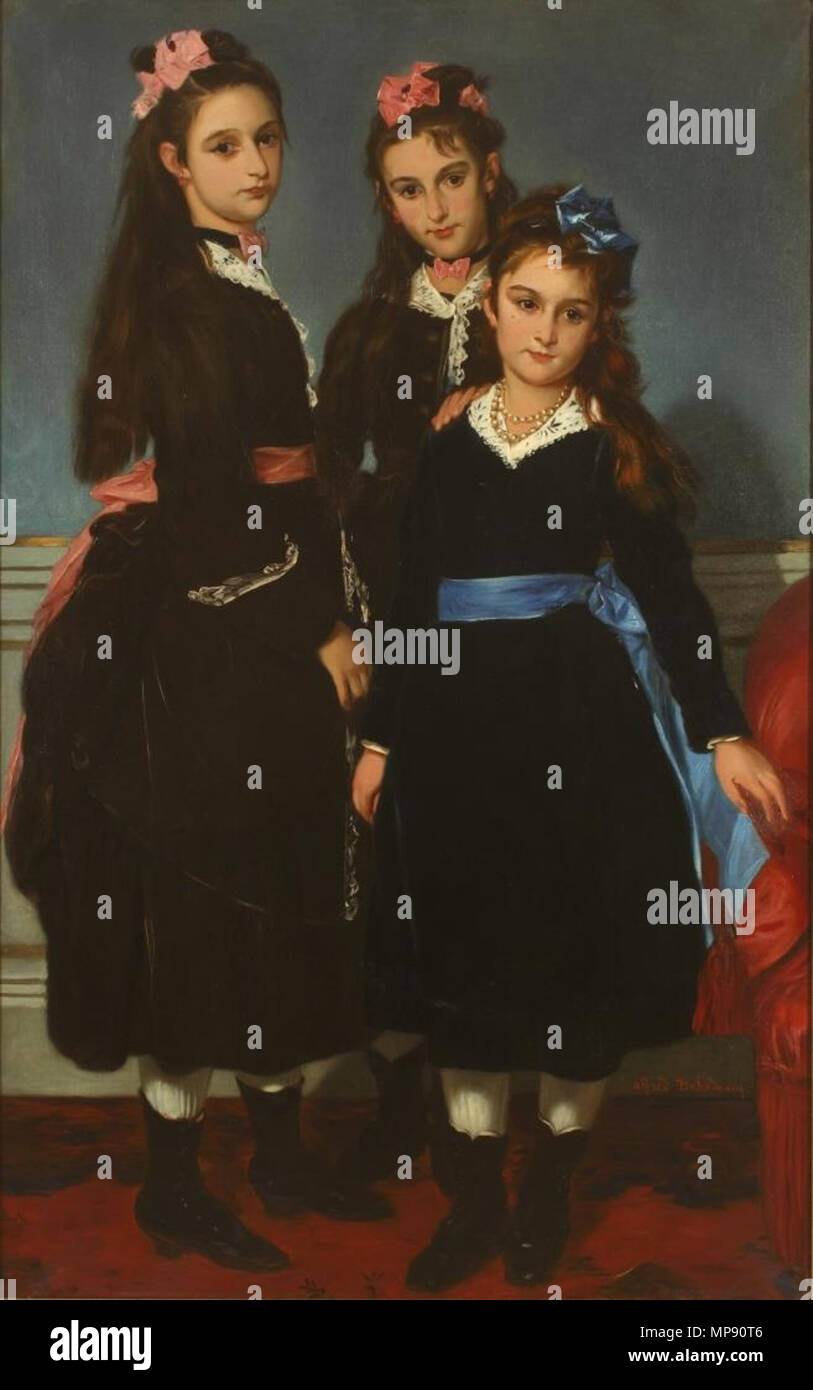 Las hijas del duque de Montpensier.  Español: La obra representa a tres de las hijas de Antonio de Orleans (1824-1890), duque de Montpensier e hijo del rey Luis Felipe de Francia. Y las tres niñas retratadas son las hijas mayores del duque, que tuvo diez hijos con su esposa, la infanta Luisa Fernanda de Borbón: María Isabel de Orleans (1848-1919), María Amalia Luisa de Orleans (1851-1870), y María Cristina de Orleans (1852-1879). . between circa 1855 and circa 1863.   793 Las hijas del duque de Montpensier (Museo del Romanticismo de Madrid) Stock Photo