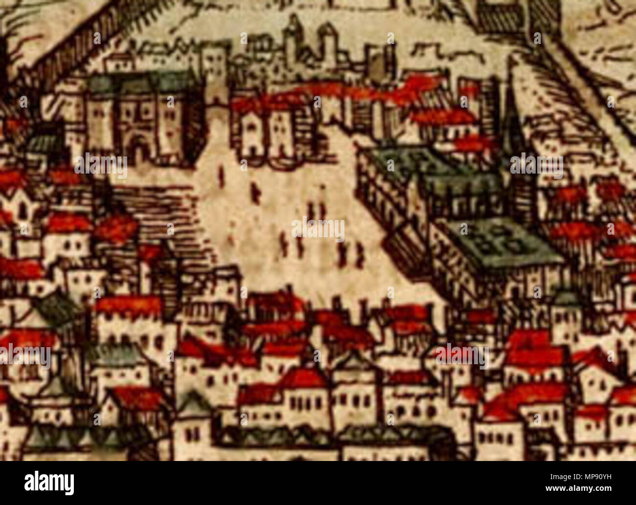 . 16th-century drawing of Rossio square in Lisbon, Portugal (detail). 1572. Georg Braun and Franz Hogenberg 1073 Rossio-CloseUp-1598 Stock Photo