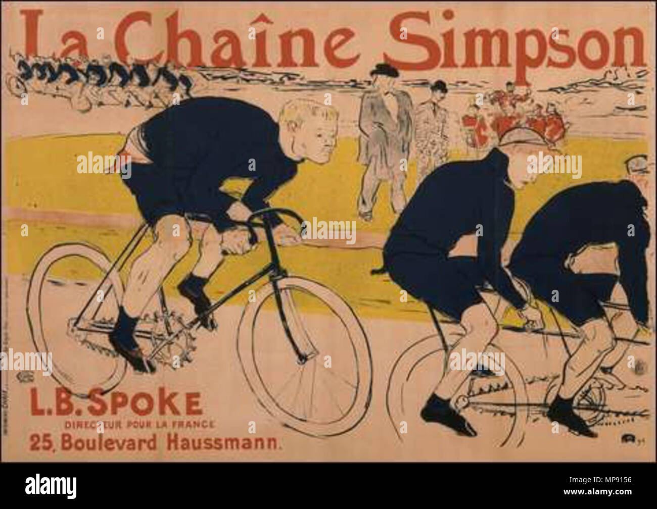 . English: Henri de Toulouse-Lautrec publicity poster from circa 1890s, Constant Huret riding with a Simpson chain behind the Gladiator tandem pacer at the Velodrome de la Seine. Poster / advertising image was published internationally by Simpson chains in the 1890s. 1890s.   Henri de Toulouse-Lautrec  (1864–1901)      Alternative names Henri Marie Raymond de Toulouse-Lautrec-Monfa  Description French poster artist, lithographer, painter, artist and graphic artist  Date of birth/death 24 November 1864 9 September 1901  Location of birth/death Albi Château Malromé [Malromé castle] (Gironde)  Wo Stock Photo