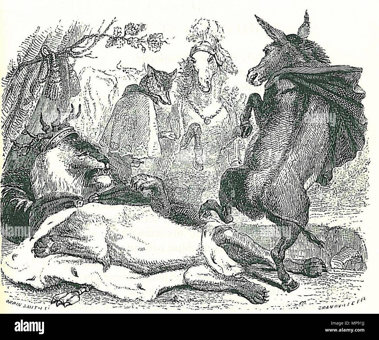 . English: illustration of Jean de La Fontaine's fables by Grandville . before 19th century.   Jean Ignace Isidore Gérard Grandville         Alternative names Jean-Jacques Grandville, Jean Ignace Isidore Gérard, J.J. Grandville, Grandville  Description French caricaturist, illustrator and painter  Date of birth/death 13 September 1803 / 1803 17 March 1847 / 1847  Location of birth/death Nancy Vanves  Work location Paris (1823 - 1847)  Authority control  : Q744442 VIAF: 9846982 ISNI: 0000 0001 2120 0923 ULAN: 500029535 LCCN: n50037075 NLA: 36571455 WorldCat 797 Le lion devenu vieux Stock Photo